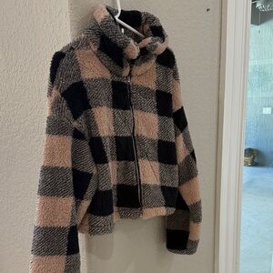 SHEIN Black and Tan Checkered Teddy Jacket